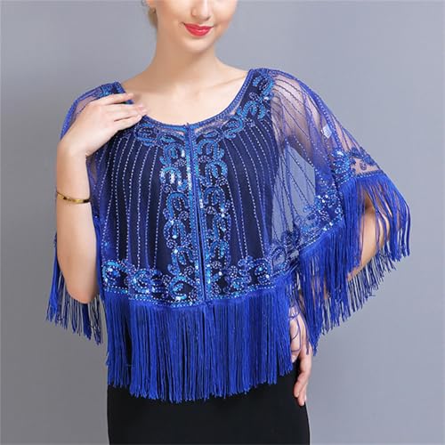 Abendumhang für Flapper Mesh Quaste Pailletten Schal Tanz Kleid Kleine Jacke Schulter für Damen-Accessoires(Sapphire Blue) von DUMRALBQE