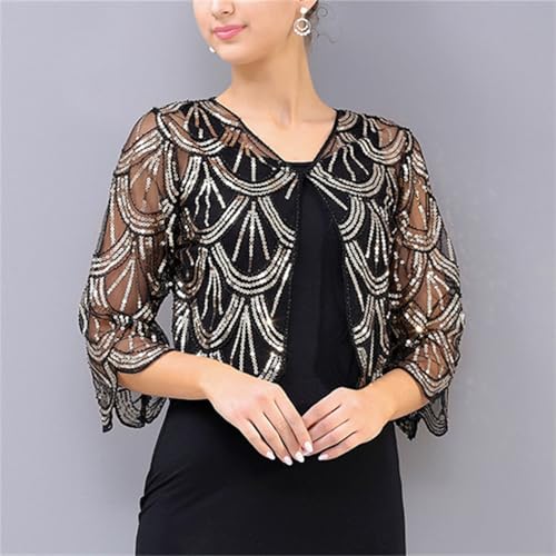 Abendumhang für Flapper Pailletten Outwear Kleine Schal Prom Dünne Abschnitt Cape Weibliche für Damen-Accessoires(Black Gold) von DUMRALBQE