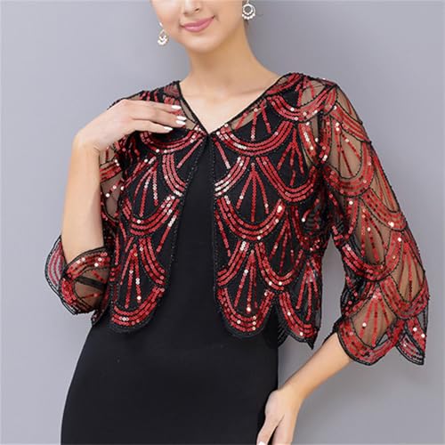 Abendumhang für Flapper Pailletten Outwear Kleine Schal Prom Dünne Abschnitt Cape Weibliche für Damen-Accessoires(rot) von DUMRALBQE