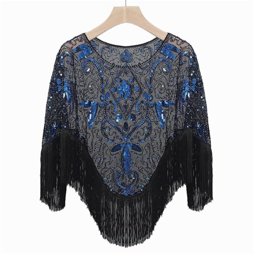 Abendumhang für Flapper Prom Pailletten Quasten Pullover Mesh Baldachin Tanz Schal Kleid Overall für Damen-Accessoires(Black Blue) von DUMRALBQE