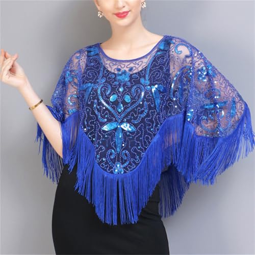 Abendumhang für Flapper Prom Pailletten Quasten Pullover Mesh Baldachin Tanz Schal Kleid Overall für Damen-Accessoires(Blau) von DUMRALBQE