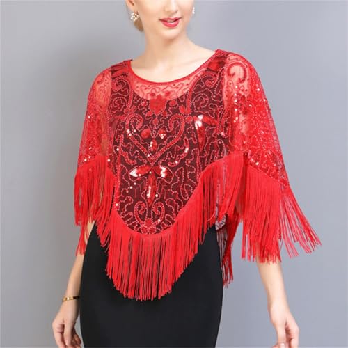 Abendumhang für Flapper Prom Pailletten Quasten Pullover Mesh Baldachin Tanz Schal Kleid Overall für Damen-Accessoires(rot) von DUMRALBQE