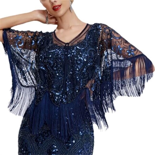 Abendumhang für Flapper Quaste Pailletten Schal Retro Party Abendkleid Kurzer Kleiner für Damen-Accessoires(Navy Blue) von DUMRALBQE