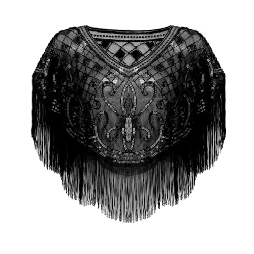 Abendumhang für Flapper Retro Quaste Pailletten Schal Vielseitig Hohl Cape Sommer für Damen-Accessoires(Black) von DUMRALBQE