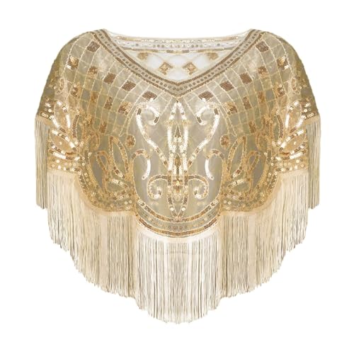 Abendumhang für Flapper Retro Quaste Pailletten Schal Vielseitig Hohl Cape Sommer für Damen-Accessoires(Gold) von DUMRALBQE