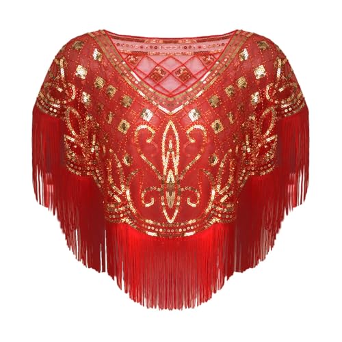 Abendumhang für Flapper Retro Quaste Pailletten Schal Vielseitig Hohl Cape Sommer für Damen-Accessoires(rot) von DUMRALBQE