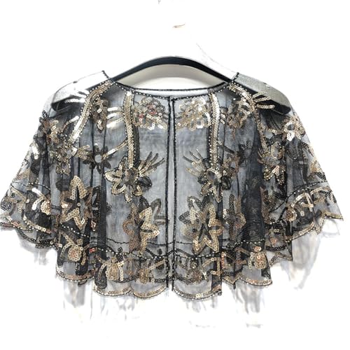 Abendumhang für Flapper Schal Weibliche Sommer Kurzen Kleinen Weiblichen Dünnen Kleid Mantel für Damen-Accessoires(Black Gold) von DUMRALBQE