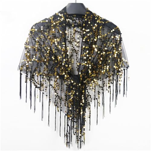 Abendumhang für Flapper Sommer Dünne Cape Weibliche Quaste Mesh Kleine Schal Casual für Damen-Accessoires(Black Gold) von DUMRALBQE