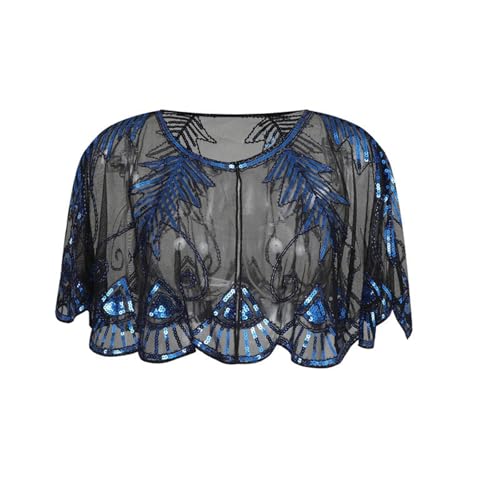 Abendumhang für Flapper Vintage Schal Mesh Pailletten Kleine Strickjacke Kurzes Ballkleid für Damen-Accessoires(Black Blue) von DUMRALBQE