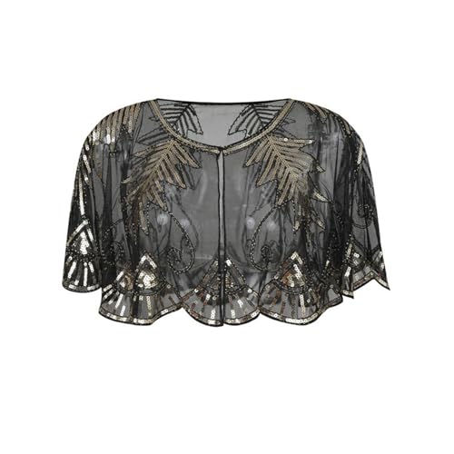 Abendumhang für Flapper Vintage Schal Mesh Pailletten Kleine Strickjacke Kurzes Ballkleid für Damen-Accessoires(Black Gold) von DUMRALBQE