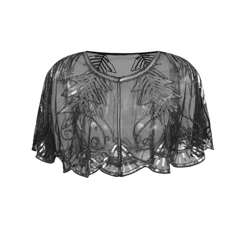 Abendumhang für Flapper Vintage Schal Mesh Pailletten Kleine Strickjacke Kurzes Ballkleid für Damen-Accessoires(Black Silver) von DUMRALBQE