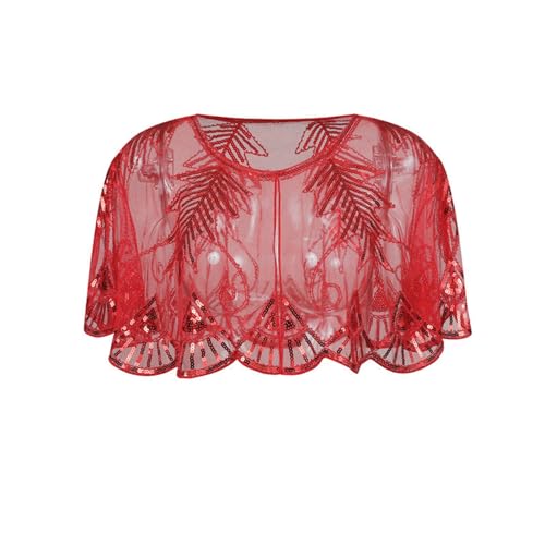 Abendumhang für Flapper Vintage Schal Mesh Pailletten Kleine Strickjacke Kurzes Ballkleid für Damen-Accessoires(rot) von DUMRALBQE