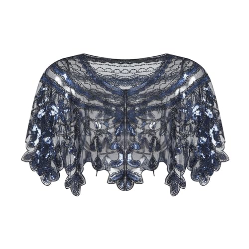 Abendumhang für Flapper Vintage Schal Mesh Pailletten Strickjacke Kurzes Kleid Kleiner für Damen-Accessoires(Black Blue) von DUMRALBQE