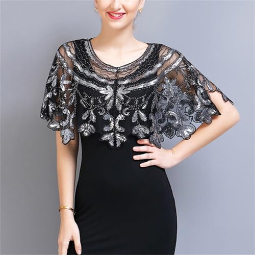 Abendumhang für Flapper Vintage Schal Mesh Pailletten Strickjacke Kurzes Kleid Kleiner für Damen-Accessoires(Black Silver) von DUMRALBQE