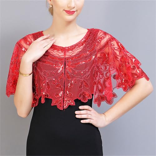 Abendumhang für Flapper Vintage Schal Mesh Pailletten Strickjacke Kurzes Kleid Kleiner für Damen-Accessoires(rot) von DUMRALBQE