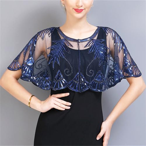 Abendumhang für Flapper Weibliche Pailletten Schal Spitze Dünne Abschnitt Cheongsam Kleid Sonnenschirm für Damen-Accessoires(Black Blue) von DUMRALBQE