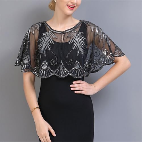 Abendumhang für Flapper Weibliche Pailletten Schal Spitze Dünne Abschnitt Cheongsam Kleid Sonnenschirm für Damen-Accessoires(Black Silver) von DUMRALBQE