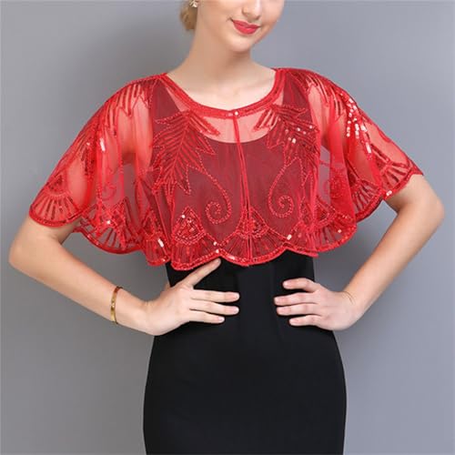 Abendumhang für Flapper Weibliche Pailletten Schal Spitze Dünne Abschnitt Cheongsam Kleid Sonnenschirm für Damen-Accessoires(rot) von DUMRALBQE