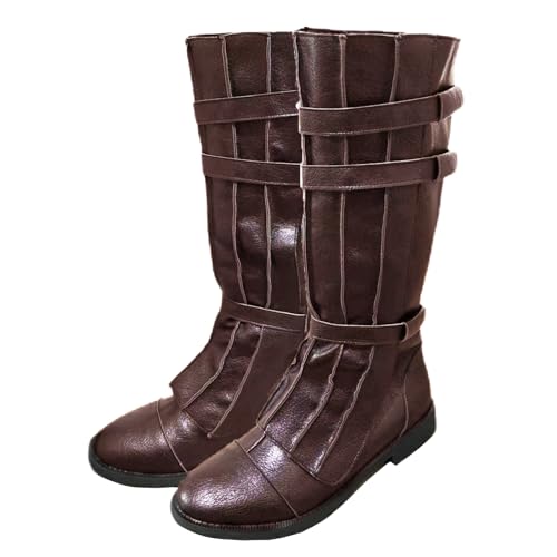 DUNHAO COS Herren Ritterstiefel Mittelalter Pirat Cosplay Stiefel Renaissance Halloween Kostüm Schuhe, Braun, 12-12.5 von DUNHAO COS