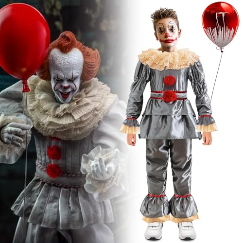 DUOLAM Halloween Clown Pennywise Kostüm: Kinder Horror Clown Kostüm Set, Horrorfilm Killer Pennywise Cosplay Kostüm Outfit, Verkleidung Kleidung Rollenspiel für Halloween Karneval Party Horror von DUOLAM