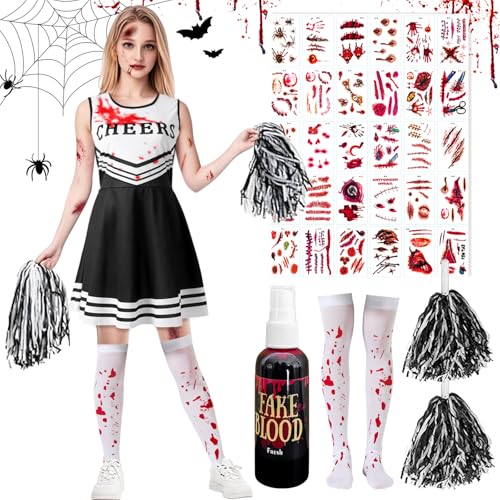 DUOLAM Halloween Zombie Cheerleader Kostüm: Horror Cheerleader Kostüme Kinder mit Socken, Tattoos, Kunstblut und Pompons, Zombie Uniform Kleid für Mädchen Halloween Dress-up-Partys von DUOLAM