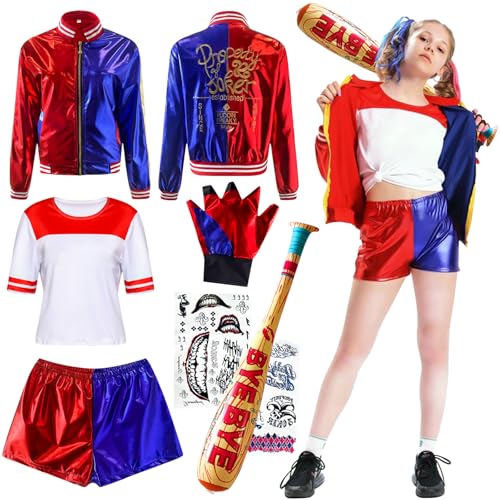DUOLAM Quinn Cosplay Kostüme Kinder: Mädchen Bösewicht Clown Kostüm Kit enthalten Jacke, T-Shirt, Shorts, Aufblasbare Baseballschläger, Tattoo-Aufkleber und Handschuh für Halloween Karneval (140) von DUOLAM