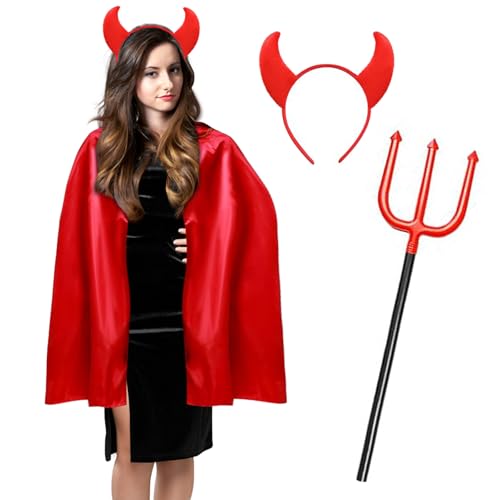 DUOLAM Teufel Kostüm Damen Rot Umhang: Halloween Teufel Umhang mit Teufel Winkel Dreizack, Karneval Teufelkostüm, Devil Vampir Stand Kragen Umhang Prop Set für Karneval Masquerade Cosplay Mottoparty DUOLAM Teufel Kostüm Damen Rot Umhang: Halloween Teufel Umhang mit Teufel Winkel Dreizack, Karneval Teufelkostüm, Devil Vampir Stand Kragen Umhang Prop Set für Karneval Masquerade Cosplay Mottoparty von DUOLAM