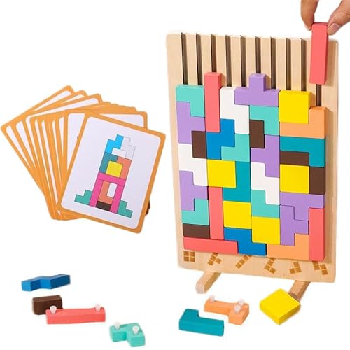 Wooden Stacking Puzzle, Russian Block Tangram Toy, 3D Geometric Jigsaw Kids Toy Educational Thinking Game (Wood) von DUOPAI