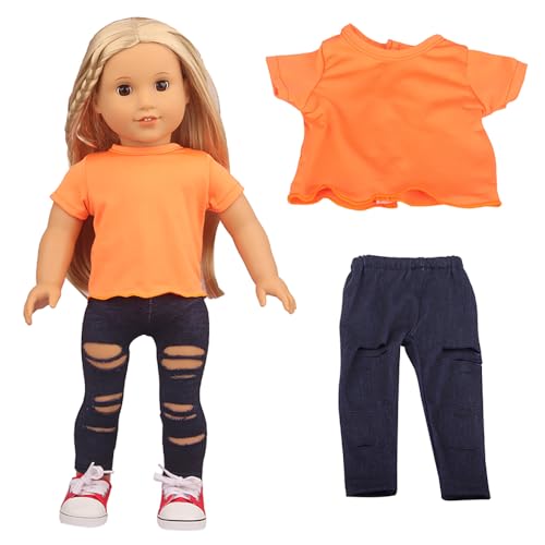 DUORUIMI Sommer-Puppenkleidung, einfaches, lässiges T-Shirt, Oberteil, zerrissene Jeanshose für 18-Zoll-American Girl-Puppe von DUORUIMI
