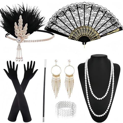 9 Stück 20er Jahre Accessoires Damen, 20er Jahre Kostüm Damen, 20er Jahre Kleid Zubehör, Karneval Great Gatsby Outfit Accessoires, Kopfschmuck, Handschuhe, Perlenkette, Armband, Ohrringen, FaltfäCher von DUTACK