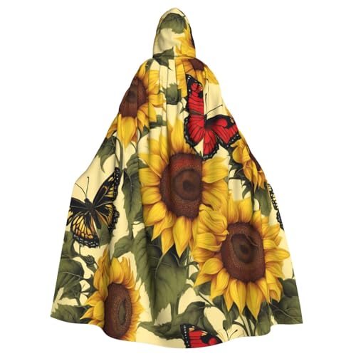 DUWAA Gelbe Sonnenblumen mit rotem Schmetterling, 150 cm, Karnevals-Umhang, Unisex, Erwachsene, Kapuzenumhang für Halloween, Hexe, Vampir, Zauberer, Cosplay DUWAA Gelbe Sonnenblumen mit rotem Schmetterling, 150 cm, Karnevals-Umhang, Unisex, Erwachsene, Kapuzenumhang für Halloween, Hexe, Vampir, Zauberer, Cosplay von DUWAA