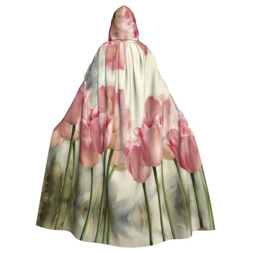 DUWAA Halloween-Kapuzenumhang mit rosa Tulpenaufdruck, volle Länge, Unisex, Umhang für Männer und Frauen, für Halloween, Cosplay DUWAA Halloween-Kapuzenumhang mit rosa Tulpenaufdruck, volle Länge, Unisex, Umhang für Männer und Frauen, für Halloween, Cosplay von DUWAA