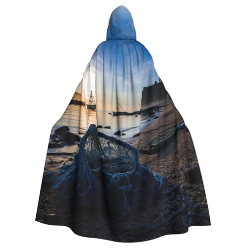 DUWAA Hexenumhang mit Fischernetz-Druck, Umhang mit Kapuze, Halloween-Kapuzenumhang, Zauberer-Robe, Cosplay-Kostüm für Herren von DUWAA