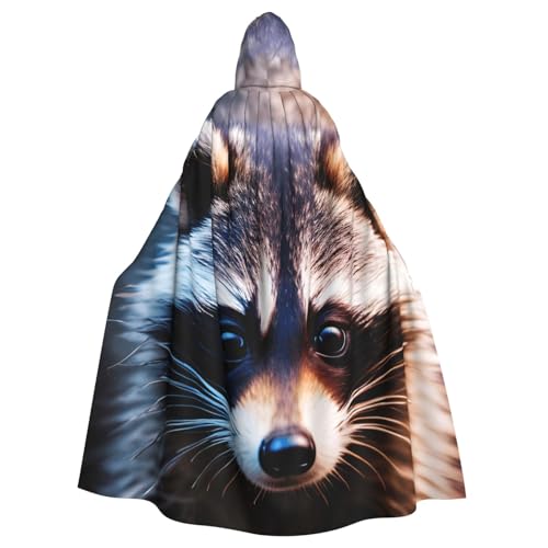 DUWAA Kleiner Waschbär-Gesichtsdruck, 150 cm, Karnevals-Umhang, Unisex, Erwachsene, Kapuzenumhang für Halloween, Hexe, Vampir, Zauberer, Cosplay von DUWAA