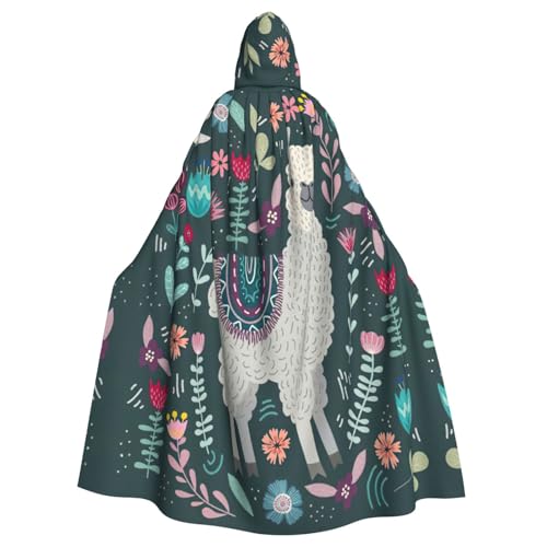 DUWAA Süßer Halloween-Umhang mit Kapuze und Lama-Blumendruck, volle Länge, Unisex, Umhang für Männer und Frauen, für Halloween, Cosplay DUWAA Süßer Halloween-Umhang mit Kapuze und Lama-Blumendruck, volle Länge, Unisex, Umhang für Männer und Frauen, für Halloween, Cosplay von DUWAA