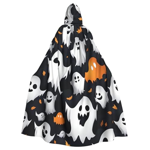 DUWAA Süßer weißer Geister-Halloween-Muster, 149,9 cm, Karnevals-Umhang, Unisex, Erwachsene, Kapuzenumhang für Halloween, Hexe, Vampir, Zauberer, Cosplay von DUWAA