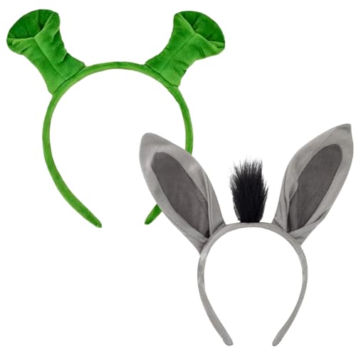 DVOFU 2 Stück Eselsohren und grünes Stirnband, niedliches Tier-Cosplay-Stirnband, Halloween, Weihnachten, Festival, Kopfbedeckung für Frauen und Kinder, Verkleidungsrequisite von DVOFU
