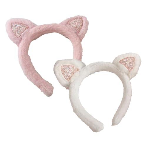 DVOFU 2 Stück Katzenohren Plüsch Stirnband Niedlich Rosa Weiß Waschen Gesicht Stirnbänder Tierthema Party Dekorationen für Halloween Mädchen Karneval Cosplay von DVOFU