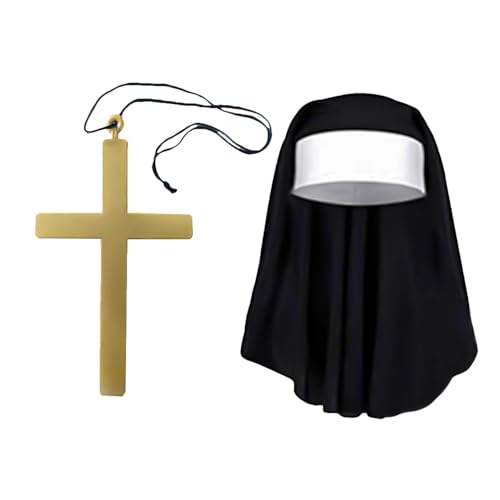 DVOFU 2-teiliges Nonnen-Kostüm-Set, Gold-Kreuz-Halskette, Nonnen-Kopfbedeckung, Halloween-Kostüm, Mottoparty-Zubehör, Damen-Nonnen-Outfit für Erwachsene von DVOFU
