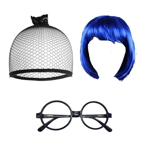 DVOFU 3-teiliges Kostüm-Set für traurige emotionale Charaktere, blaue Bob-Perücke, schwarze Brille, Haarnetz, Filmfigur, Zubehör für Erwachsene, Partyzubehör, Cartoon-Rollenspiel-Charakter von DVOFU