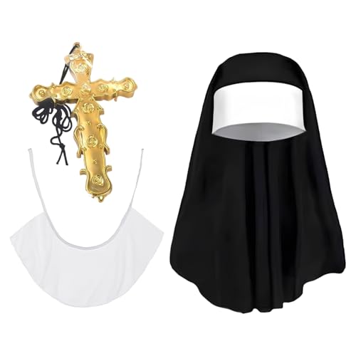 DVOFU 3-teiliges Nonnen-Kostüm-Set, Nonnen-Kopfschmuck, Halsband, Kreuzhalskette, Nonnen-Kostüm-Set für Damen, Halloween-Kostüm von DVOFU
