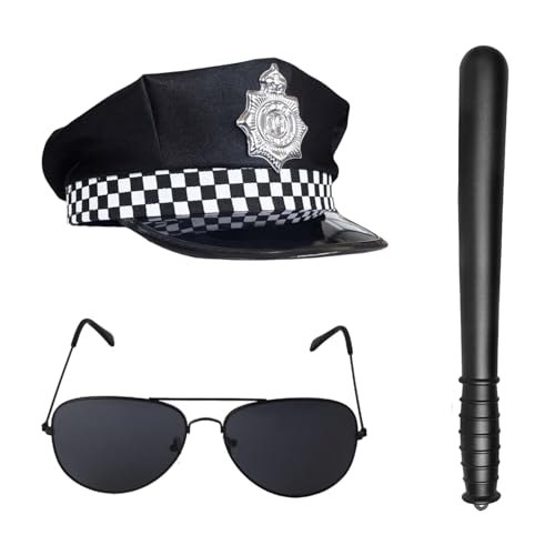 DVOFU 3-teiliges Polizei-Zubehör-Set, Polizistenhut, Stab, Sonnenbrille, Themenparty, Kostüm, Outfit für Männer und Frauen, Party, Rollenspiel, Cosplay von DVOFU