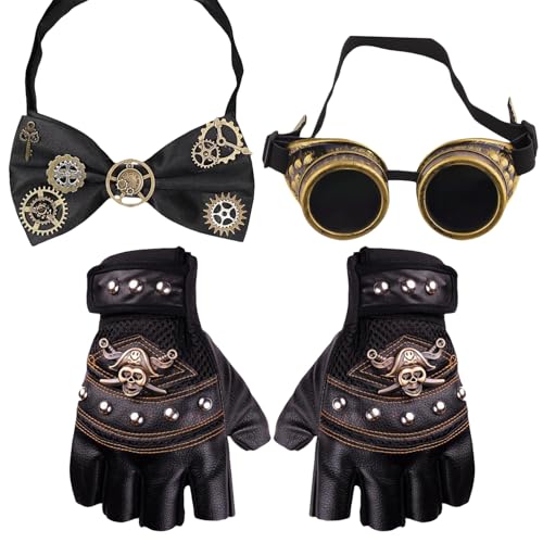 DVOFU 3-teiliges Steampunk-Kostüm-Zubehör-Set, Vintage-Steampunk-Brille, Fliege, Lederhandschuhe, Halloween-Party, Kostüm, Verkleidung für Herren von DVOFU