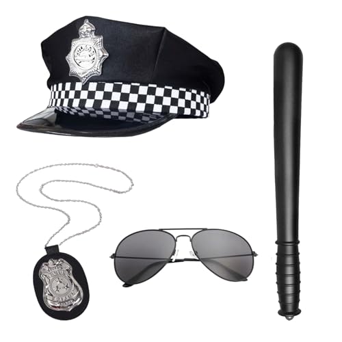 DVOFU 4-teiliges Polizeizubehör-Set, Kunststoff-Spielzeugstab, Polizistenhut mit kariertem Band, Halskette, Sonnenbrille, Polizei-Kostüm-Set für Erwachsene, Party, Rollenspiel DVOFU 4-teiliges Polizeizubehör-Set, Kunststoff-Spielzeugstab, Polizistenhut mit kariertem Band, Halskette, Sonnenbrille, Polizei-Kostüm-Set für Erwachsene, Party, Rollenspiel von DVOFU
