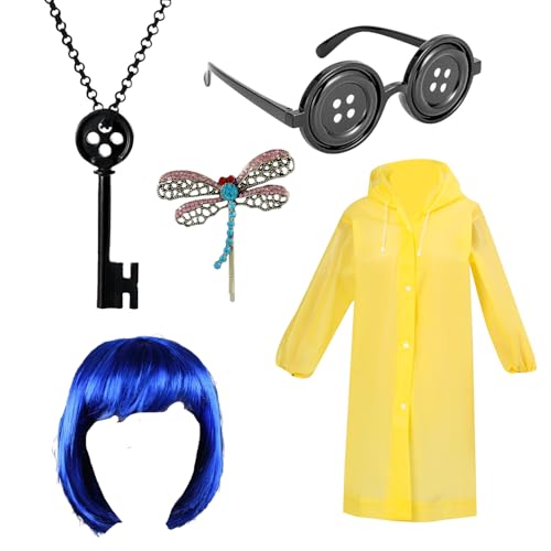 DVOFU 5-teiliges Halloween-Kostüm-Zubehör-Set, gelber Regenmantel und marineblaue Perücke, Augen, Brille, Schlüsselkette, Libellen-Haarspangen für Damen und Mädchen von DVOFU