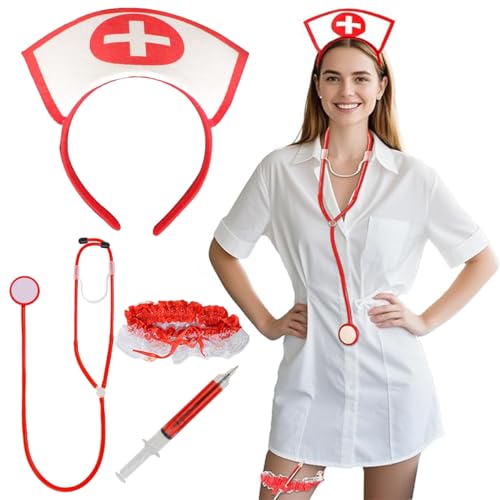 DVSWDMA Kostümset Krankenschwester 4 Stück Krankenschwester kostüm Halloween Kostüm Damen Kopfteil Strumpfband mit Spitze Stethoskop Spritzenstift, Mottoparty Karneval DVSWDMA Kostümset Krankenschwester 4 Stück Krankenschwester kostüm Halloween Kostüm Damen Kopfteil Strumpfband mit Spitze Stethoskop Spritzenstift, Mottoparty Karneval von DVSWDMA