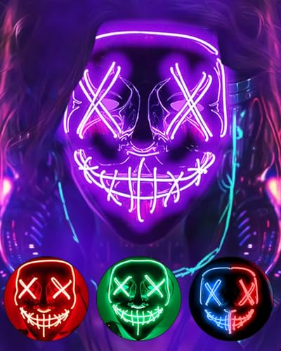 DWTECH Halloween Purge Maske LED Halloween Kostüm LED Glow Scary Light Up Masken für Festival Party Karneval Kostüm Weihnachten Cosplay (Violett) von DWTECH