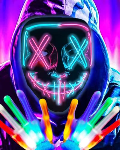 DWTECH LED Halloween Maske mit LED Leuchtende Handschuhe SET,Halloween Kostüm,LED Purge Maskes Kostüm für Maskerade Cosplay beleuchtete Gesichtsmaske für Kinder Männer Frauen Halloween Festival von DWTECH