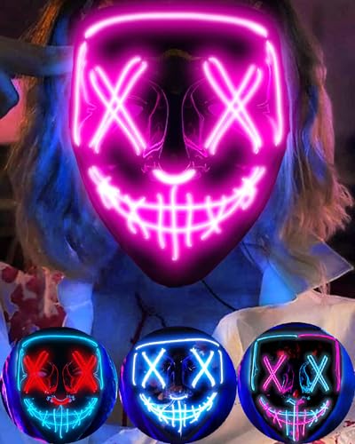 LED-Halloween-Maske - Beleuchtete Gesichtsmaske Mit EL-Draht, Gruselig für Maskerade, Cosplay, Festival, Party - für Kinder, Männer, Frauen (Rosa) von DWTECH