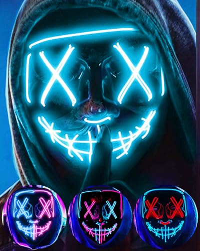 LED-Halloween-Maske - Beleuchtete Gesichtsmaske Mit EL-Draht, Gruselig für Maskerade, Cosplay, Kinder, Männer, Frauen, Halloween, Festival, Party (Eisblau A) von DWTECH